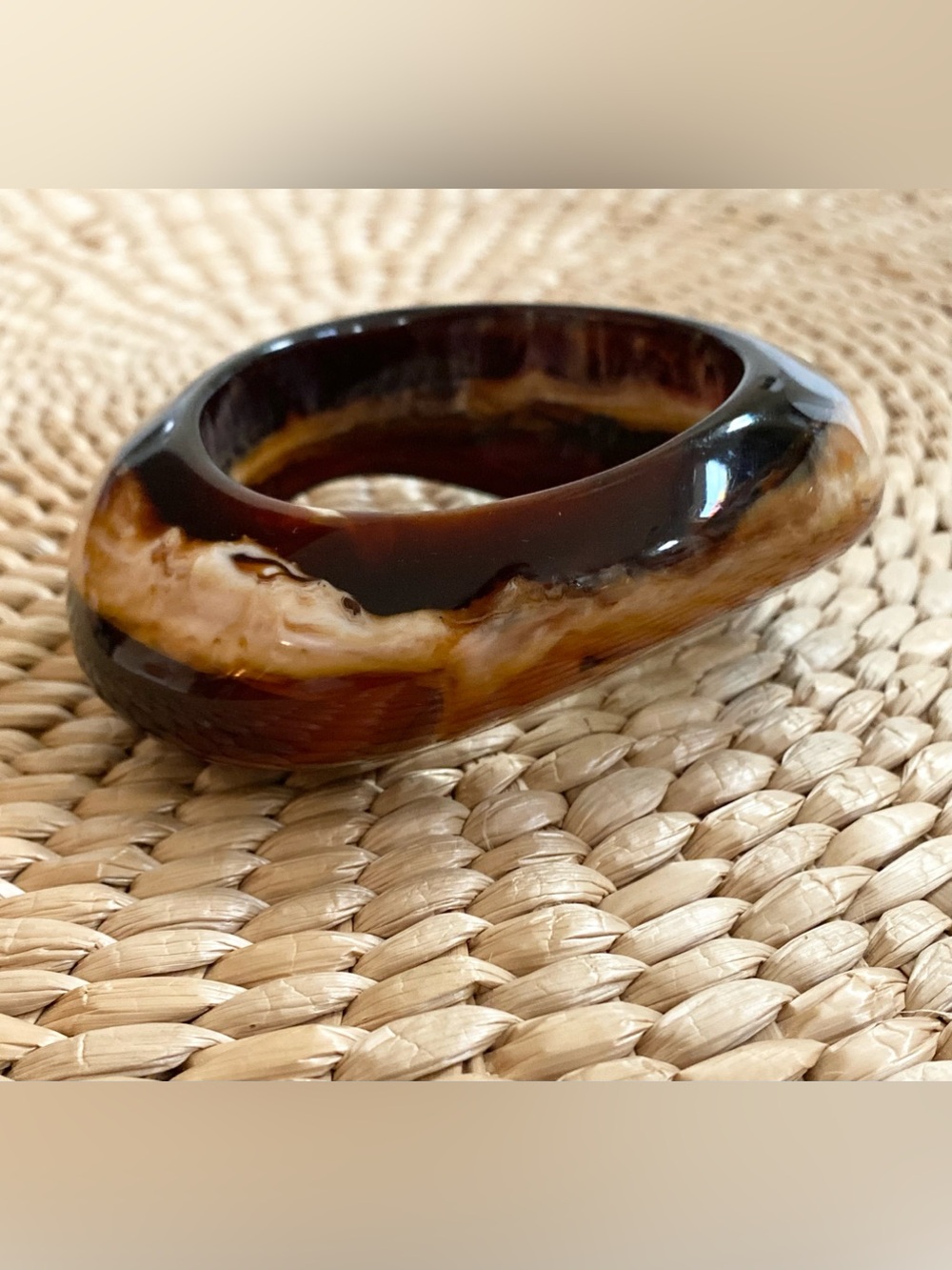VTG Lucite Root Beer Amber Coffee Asymmetrical Huge Chunky Bangle Bracelet